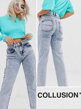 ASOS Collusion High Waist Bum Rip Jeans, Acid Wash, 25 Petite 100% Cotton